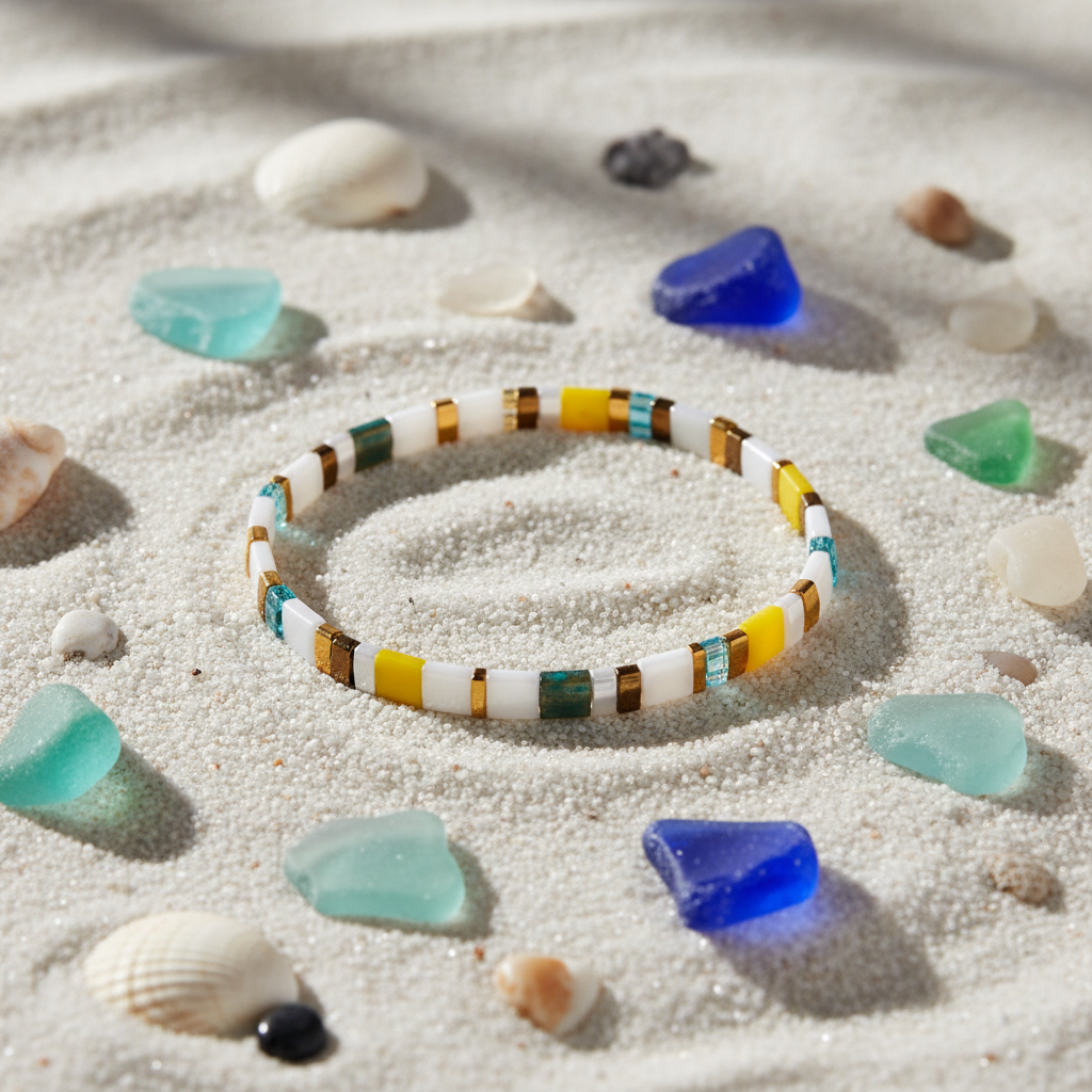 Sunbeam Spell Bracelet flat lay on sand with sea glass