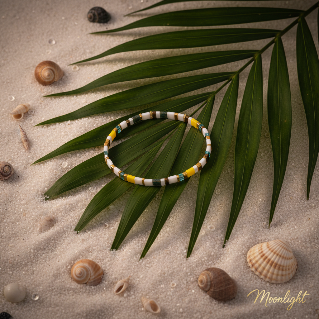 Sunbeam Spell Bracelet on palm leaf tropical flat lay